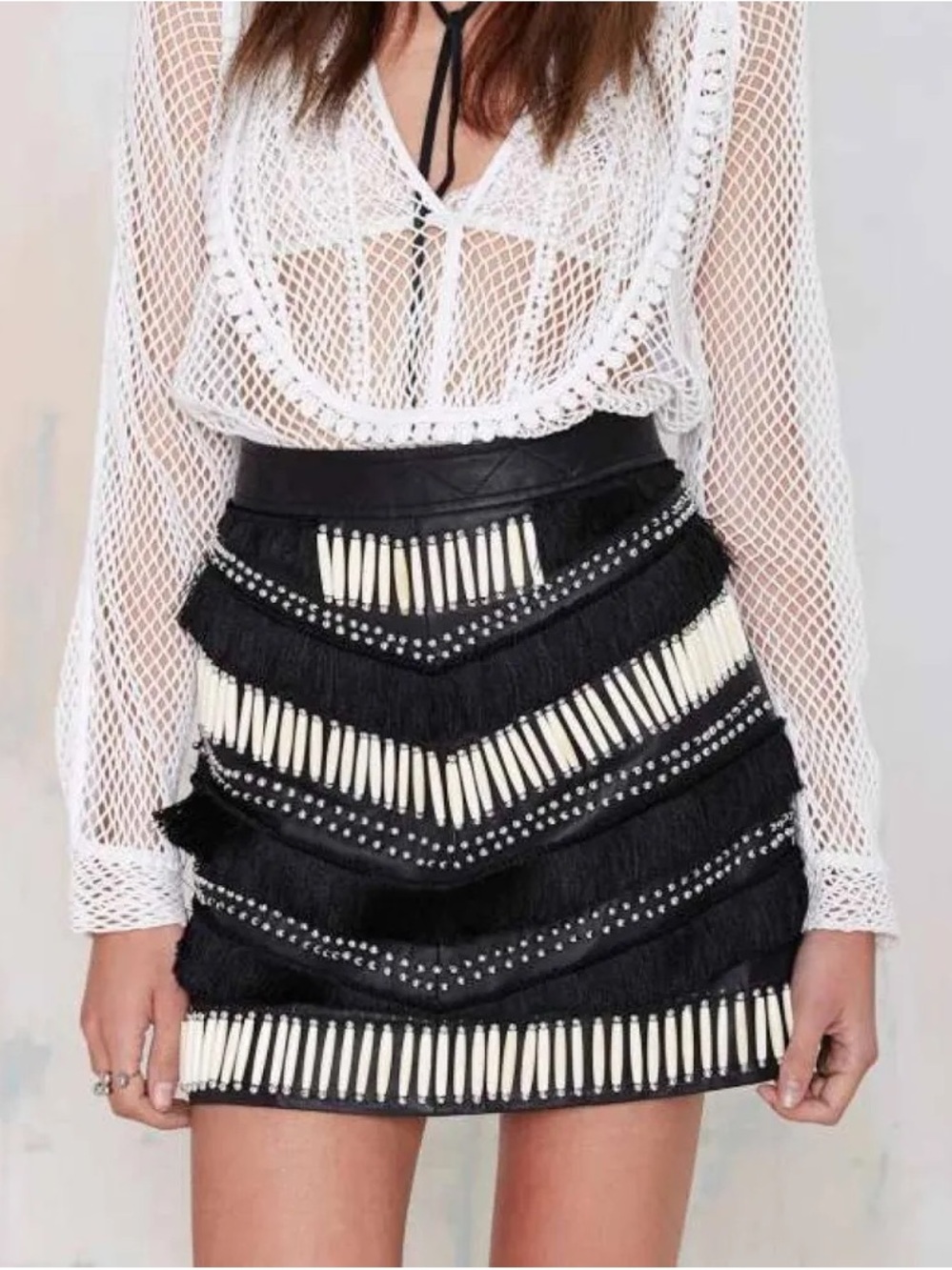 Nasty Gal NWOT Genuine Leather Easy Rider Fringed Beaded Mini Skirt Black L